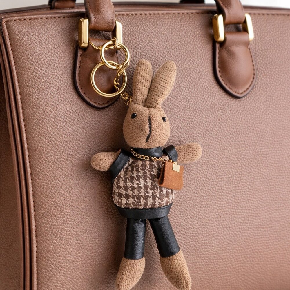 ❤️7" Bunny Keychain Bag Charm Wearing Houndstooth Sweater & Crossbody Purse
